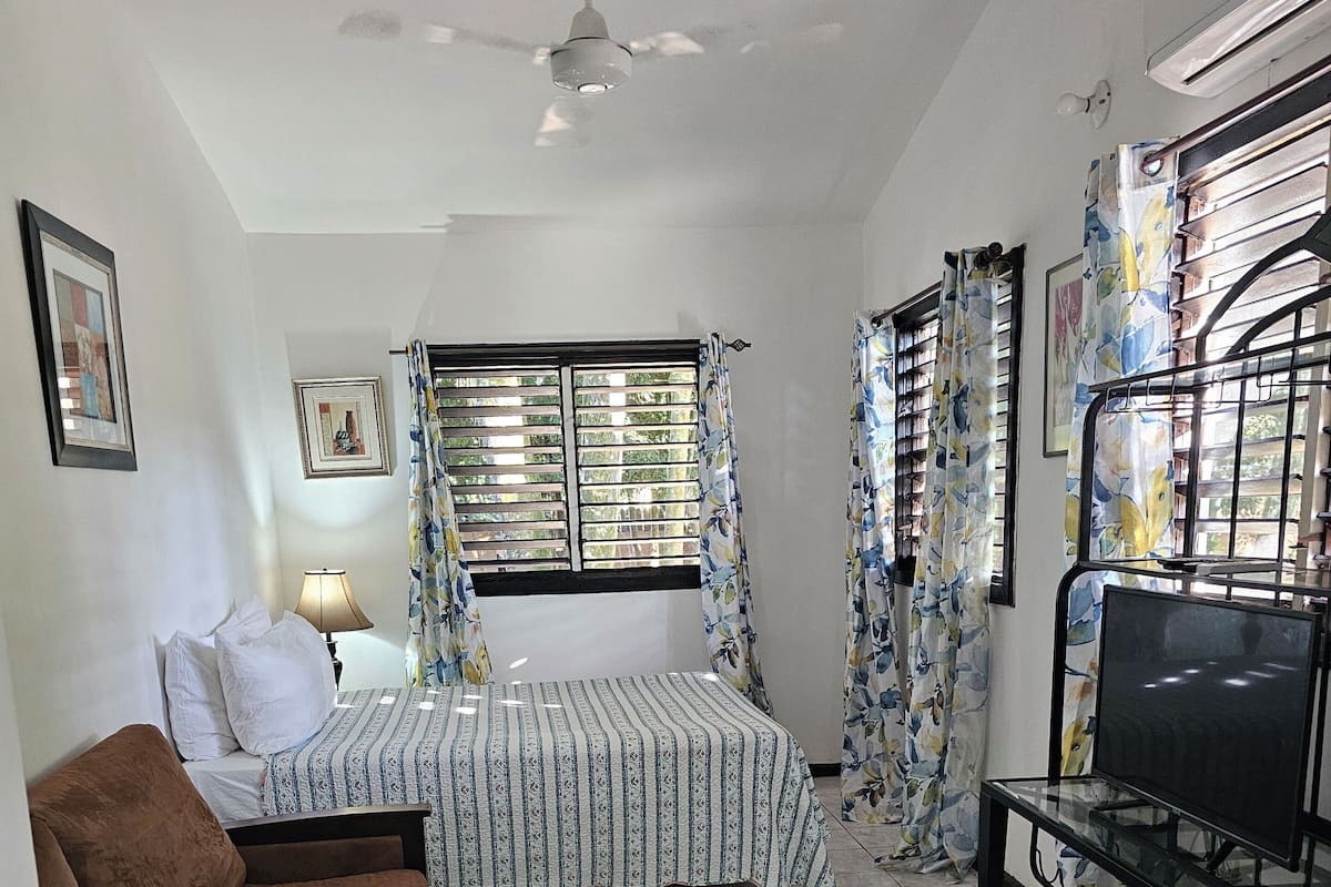 A room with a bed, a sofa, a TV stand, a ceiling fan, and a window with curtains.