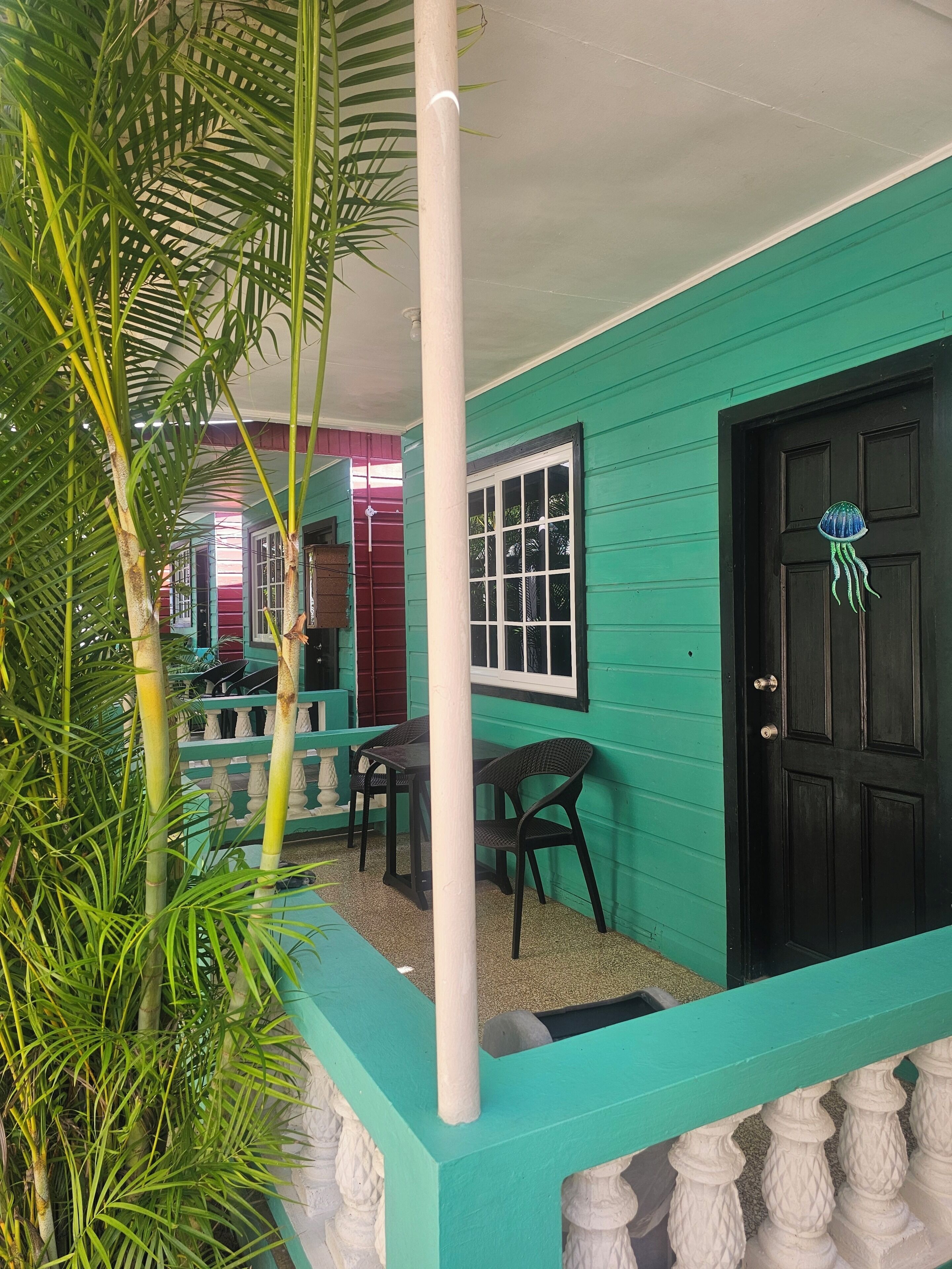 A teal-colored building with a black door, a white-framed window, and a white balustrade.