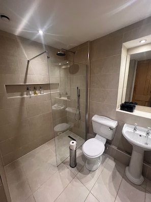 A modern bathroom with a glass-enclosed shower, a toilet, and a pedestal sink. - Luxurious apartment in the New Town. Walking distance from central Edinburgh (Edinburgh)