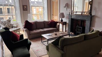 TV, fireplace, books