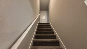 Una escalera con alfombra y barandilla blanca que conduce a una puerta en la parte superior.