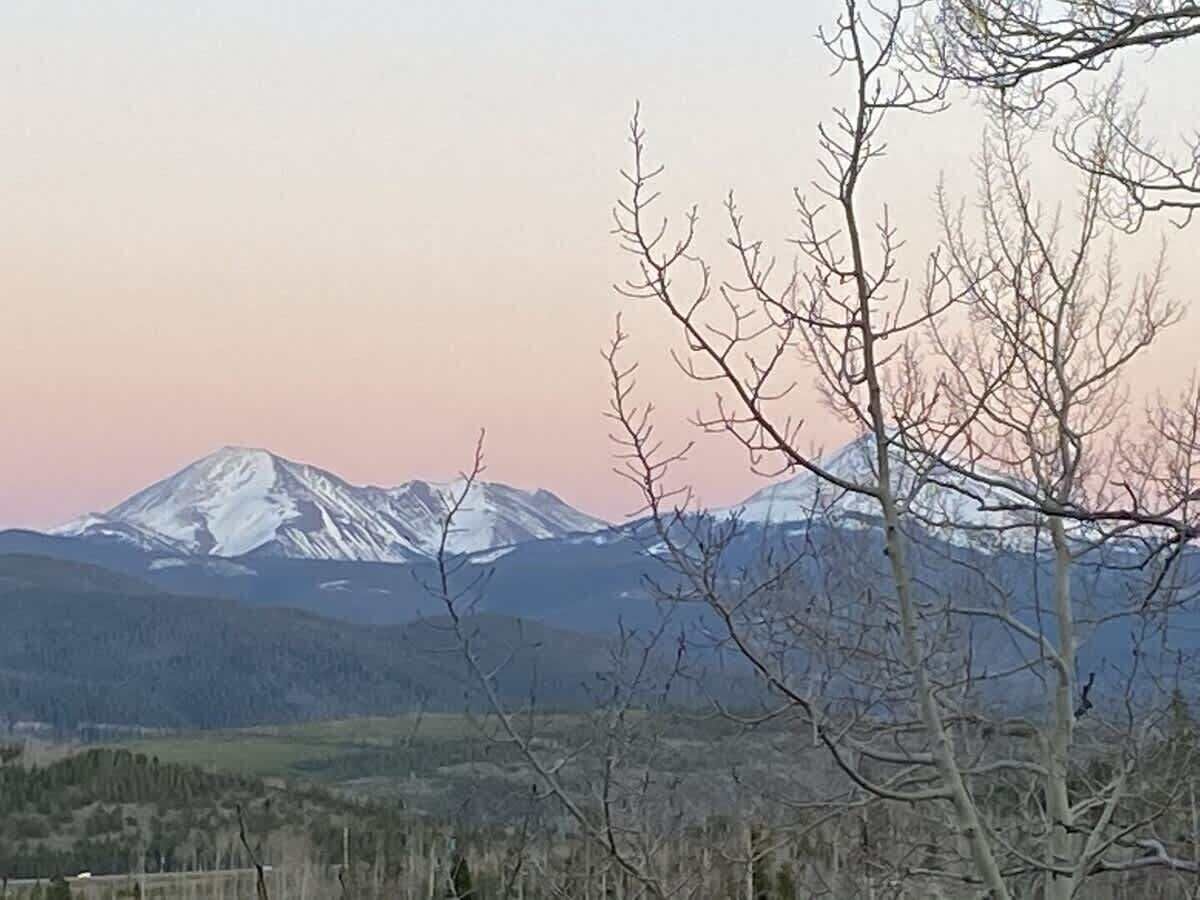 A mountain landscape with snow-capped peaks and leafless trees in the foreground.