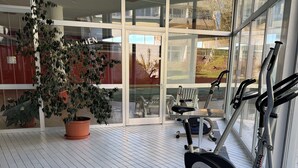 Un gimnasio interior con equipo de ejercicio, ventanas amplias y plantas en macetas.