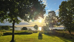 Rauhallinen maisema, jossa on järvi, puita ja kirkas taivas.