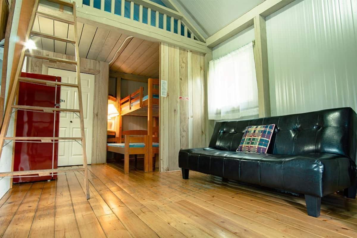 A room with a bunk bed, a black leather sofa, a wooden ladder, and a red cabinet.