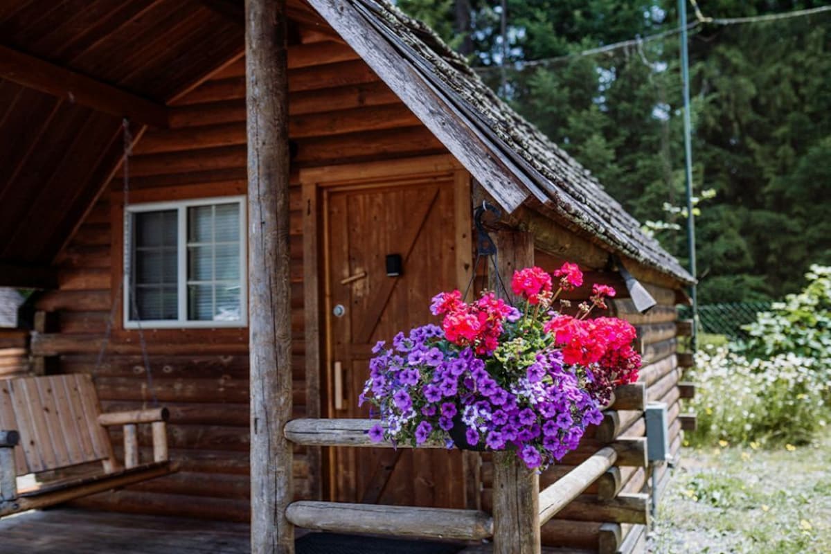 A wooden cabin with a porch, a door, and a hanging flower basket.