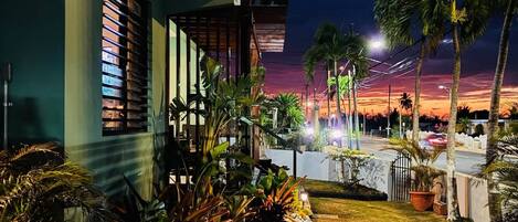 A well-maintained outdoor area with a pathway, potted plants, and a building with a balcony.