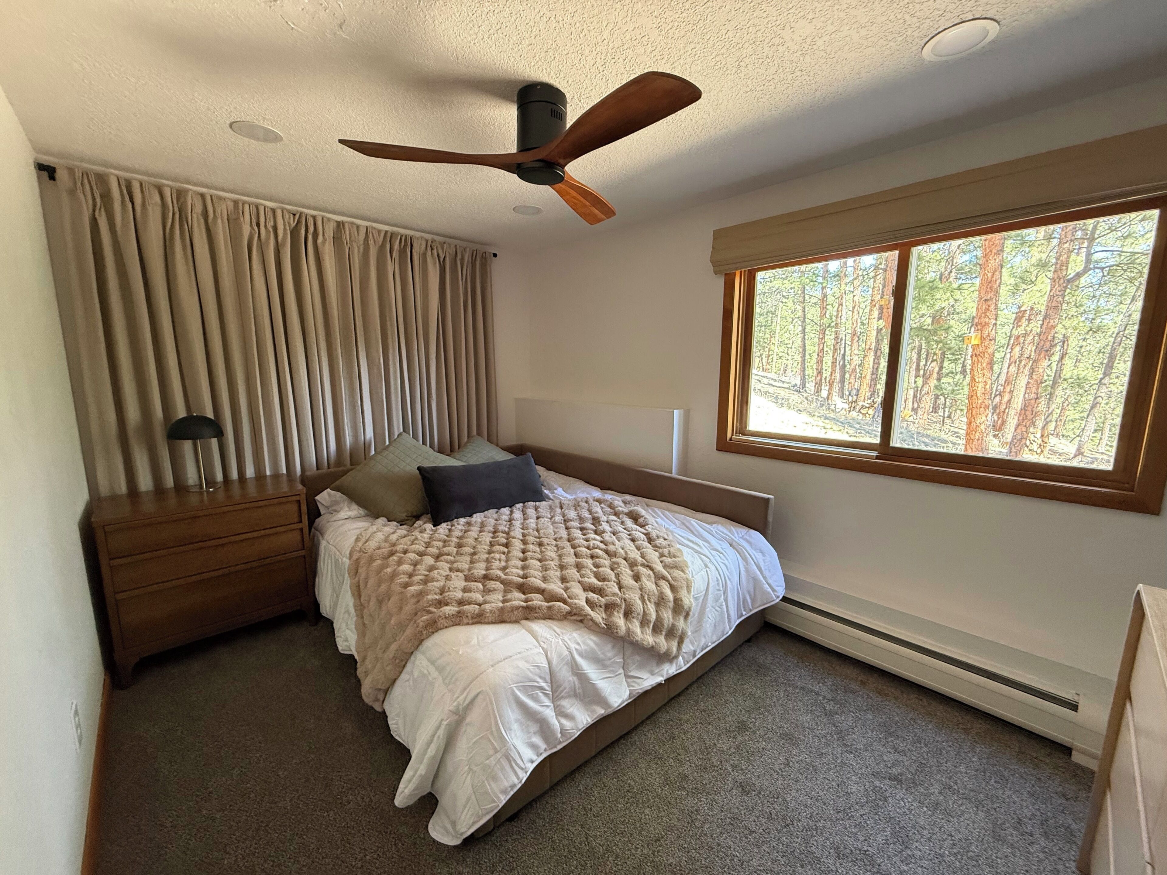 A bedroom with a bed, a nightstand, a ceiling fan, a window with a forest view, and a heater.