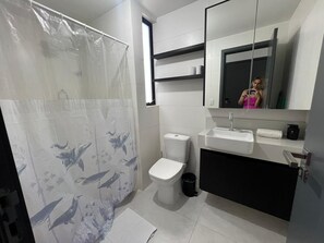 Dusche, Haartrockner, Handtücher, Seife