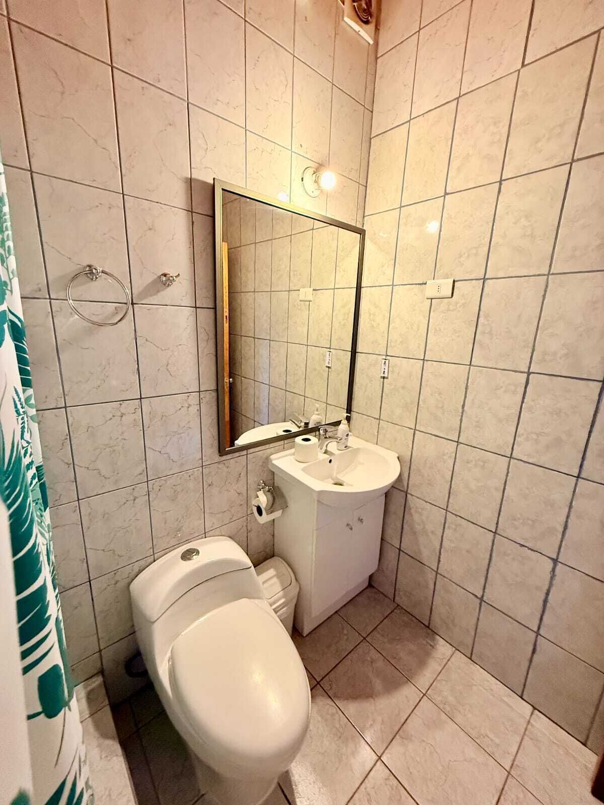 Une salle de bain avec des toilettes, un lavabo et un miroir.