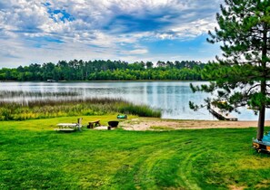 A lakeside park with picnic tables, a boat, and a tree. - Willow at Evergreen Bay Resort on Boot Lake (Park Rapids)