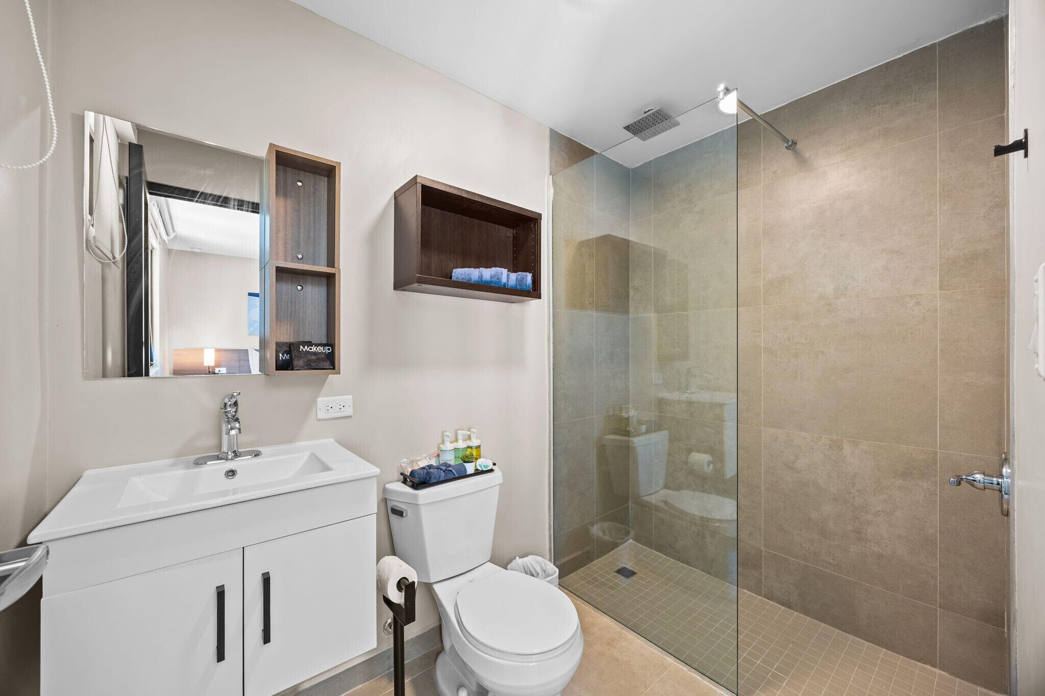 Shower, towels, soap, shampoo