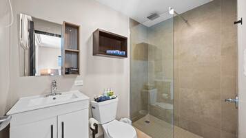 Shower, towels, soap, shampoo