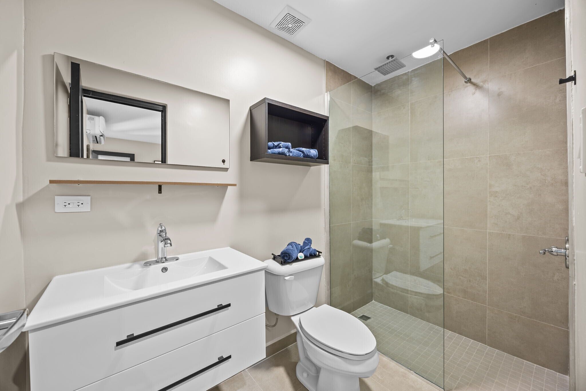 Shower, towels, soap, shampoo