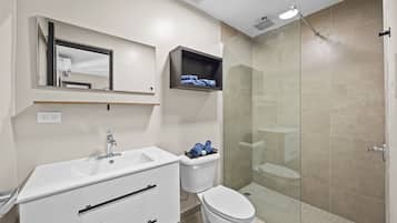 Shower, towels, soap, shampoo