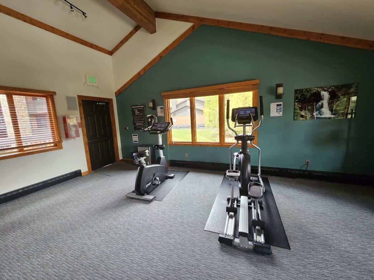 Een sportschool met twee loopbanden, een groot raam en een groene wand.