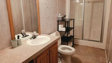 Shower, towels, toilet paper