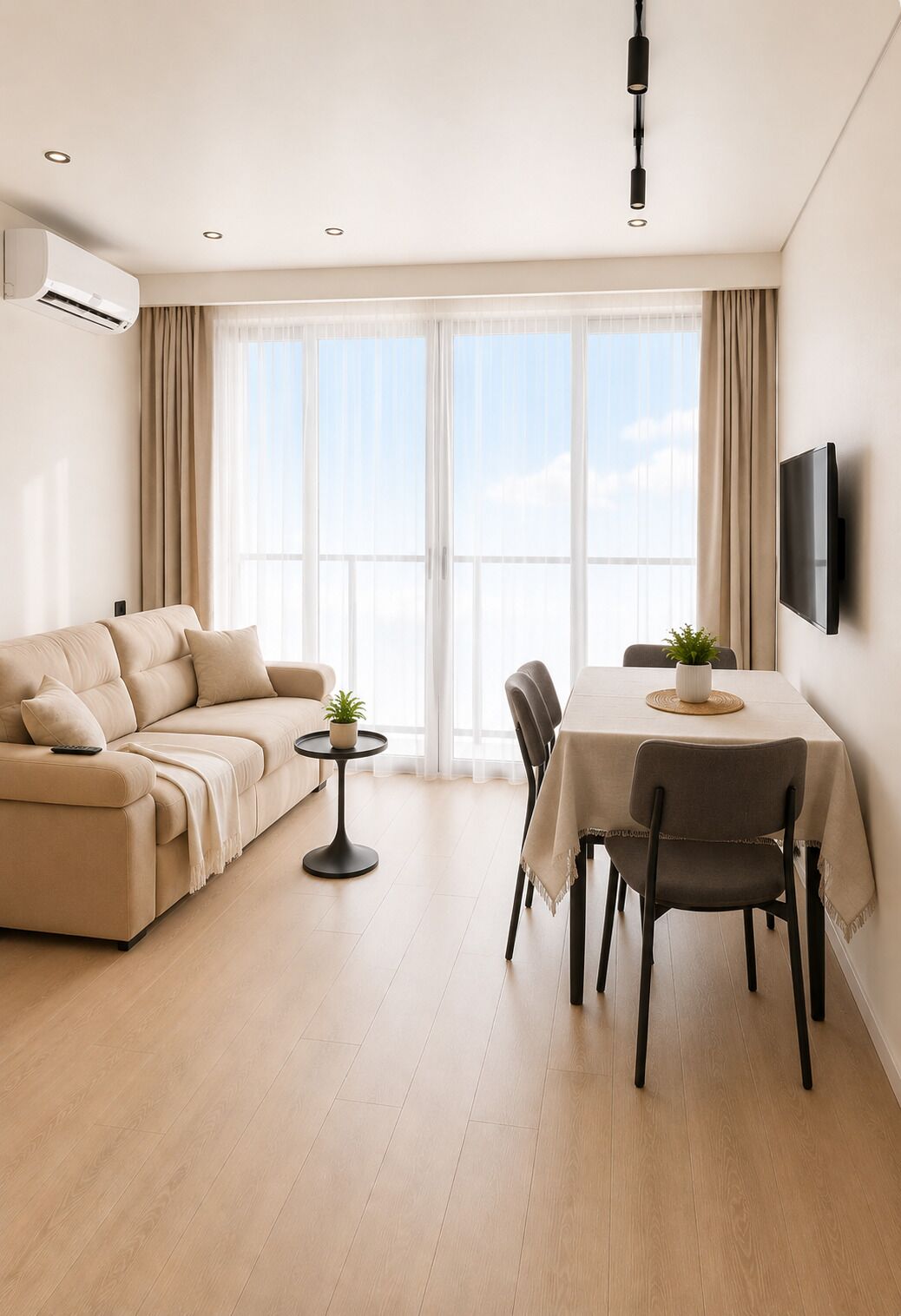 A modern living room with a sofa, dining table, chairs, and a TV.