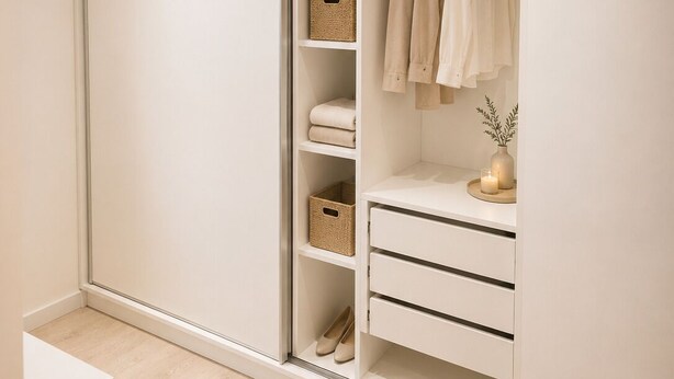 Um closet amplo com prateleiras abertas, roupas penduradas e caixas organizadoras.