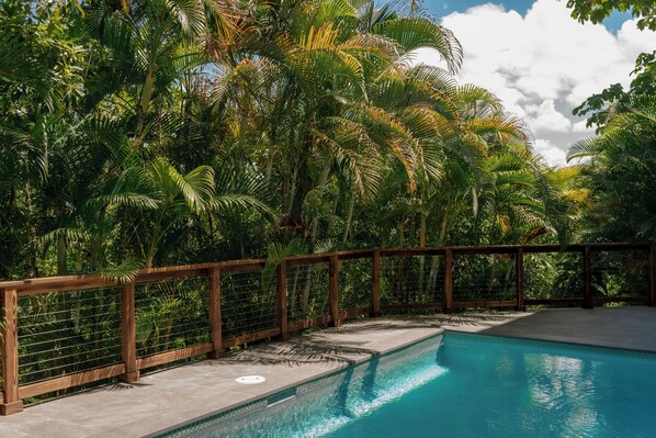 A swimming pool with a wooden fence, surrounded by lush tropical foliage. - Villa Ventosa - Pool, King-Size Beds, Solar, ACs, Superhost & Guest Favorite (Rincón)