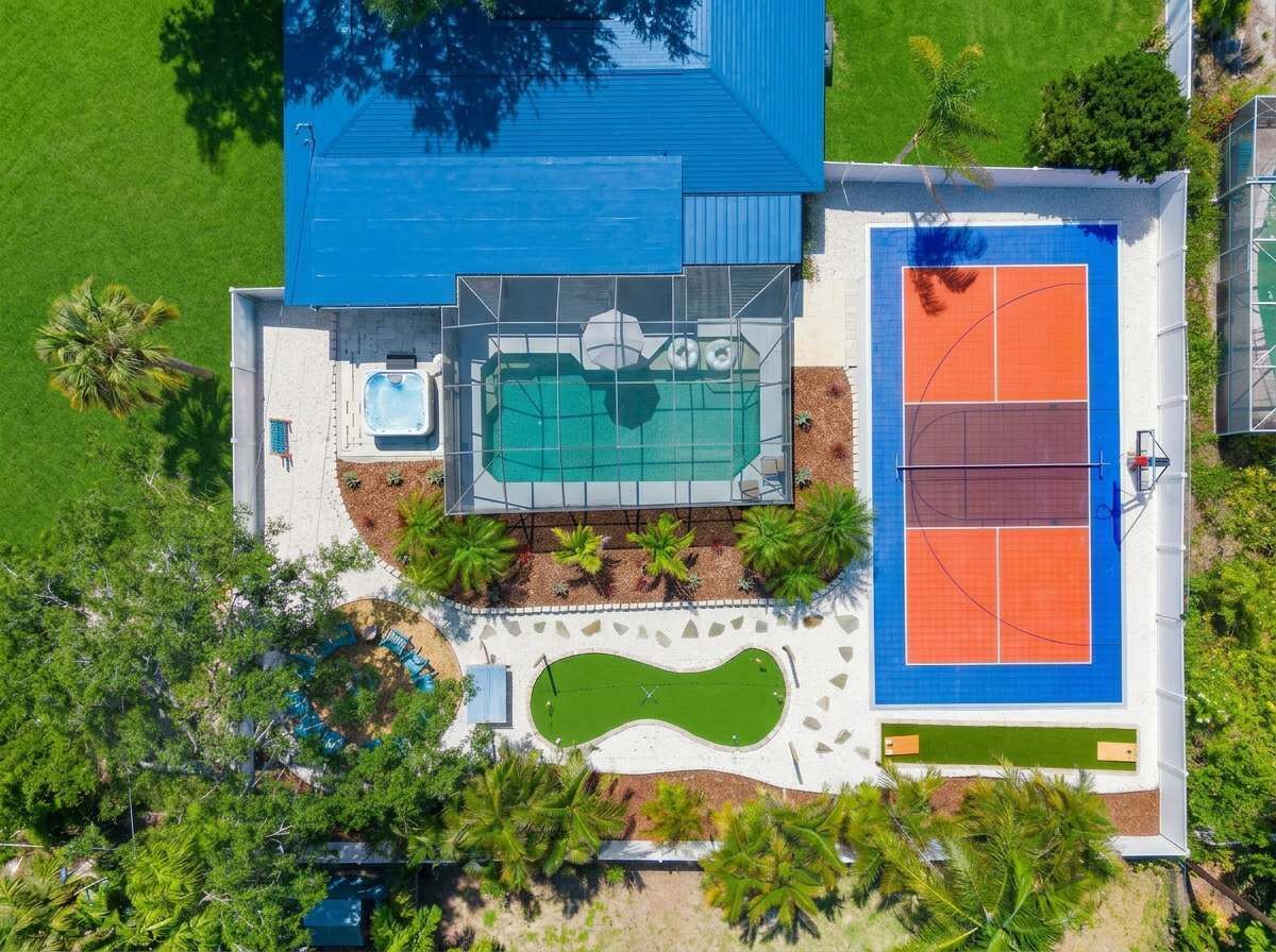 An aerial view of a property with a swimming pool, tennis court, and landscaped garden.
