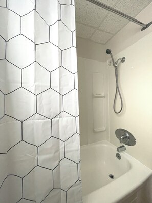 Hair dryer, towels, soap, toilet paper