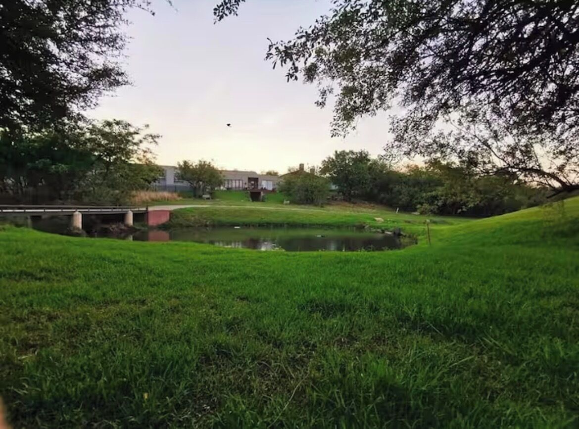 A grassy area with a pond, trees, and a building in the background.