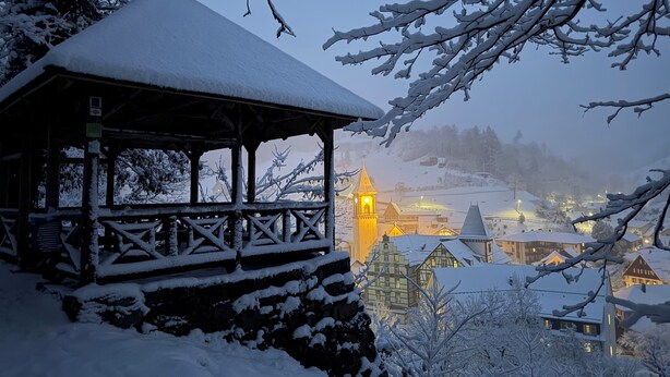 Una struttura in legno coperta di neve con un balcone, circondata da alberi carichi di neve e edifici sullo sfondo.