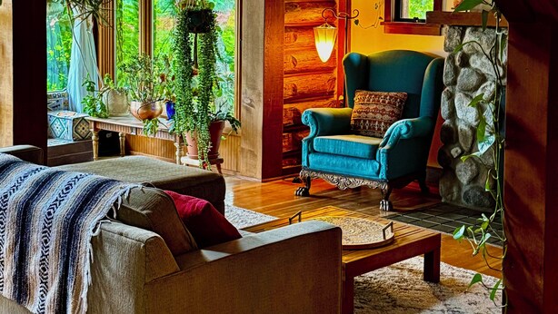 L’intérieur d’un chalet confortable, avec un canapé, un fauteuil et des plantes en pot.