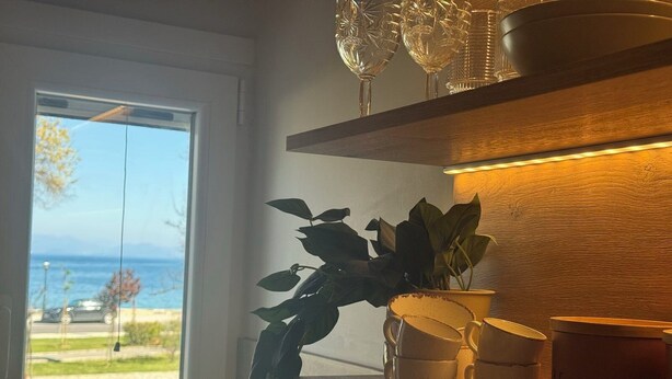 Ett kök med utsikt över havet, en växt och staplade koppar på en hylla.