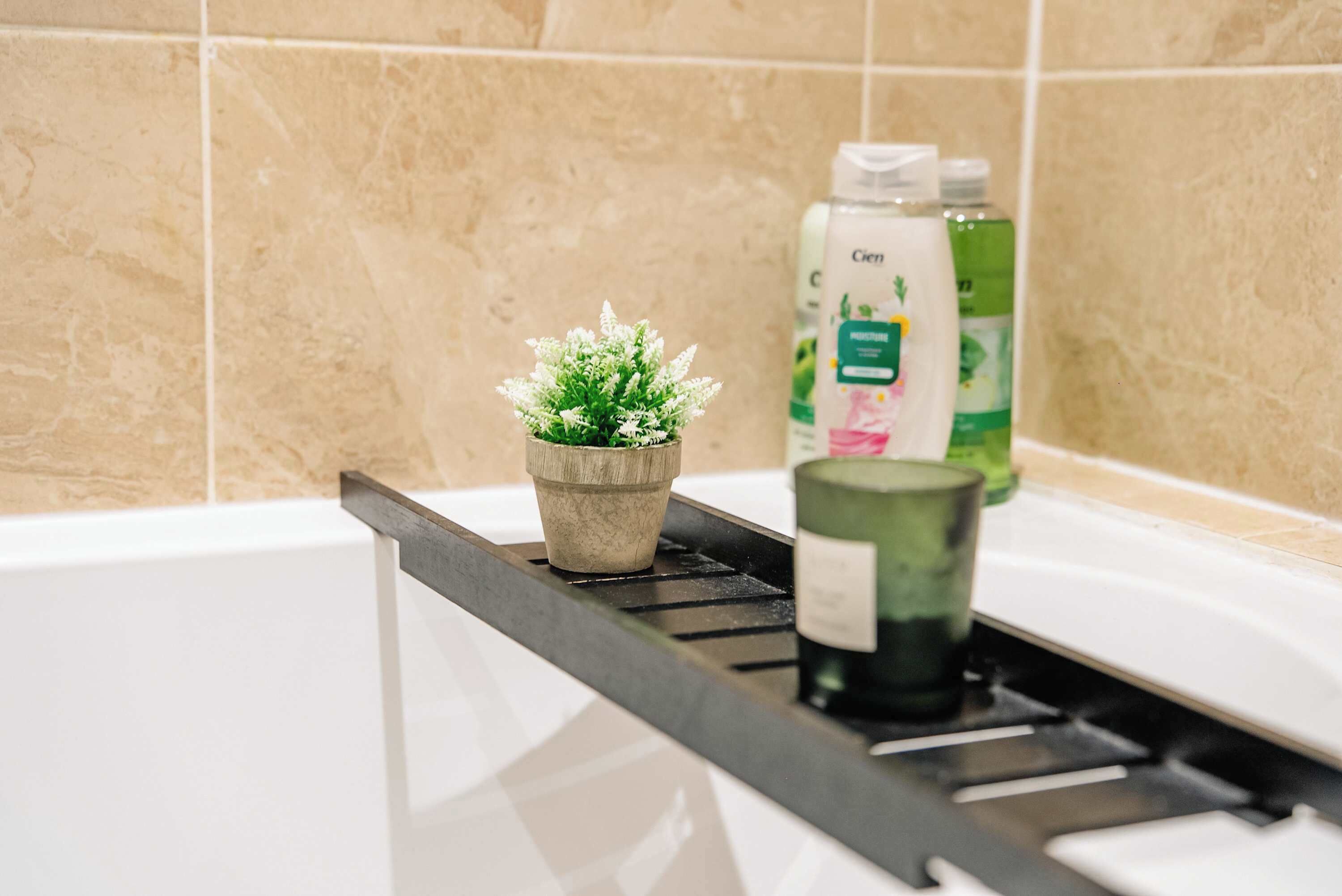 Shower, hair dryer, towels, shampoo