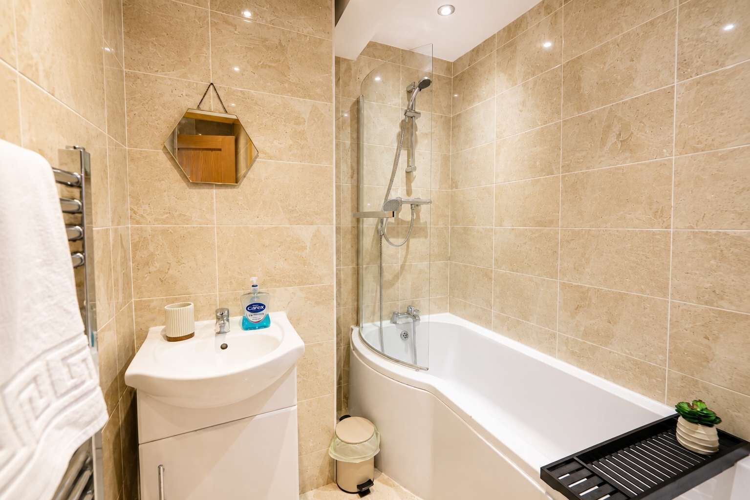 Un bagno con una vasca, un lavandino, box doccia in vetro e una piccola pianta sul lato.