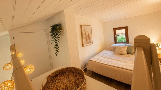 A bedroom with a bed, a window, a wall-mounted plant, and a woven basket.