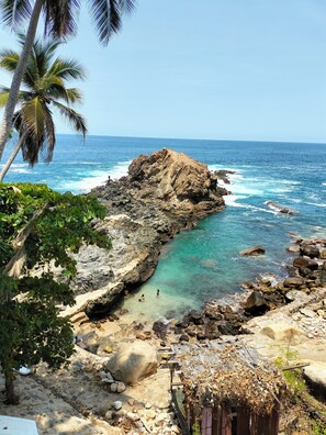 A rocky coastline with clear blue waters, palm trees, and a thatched-roof structure.