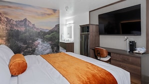 Habitación de hotel con cama, escritorio, silla, televisor, espejo y un cuadro de un paisaje montañoso.