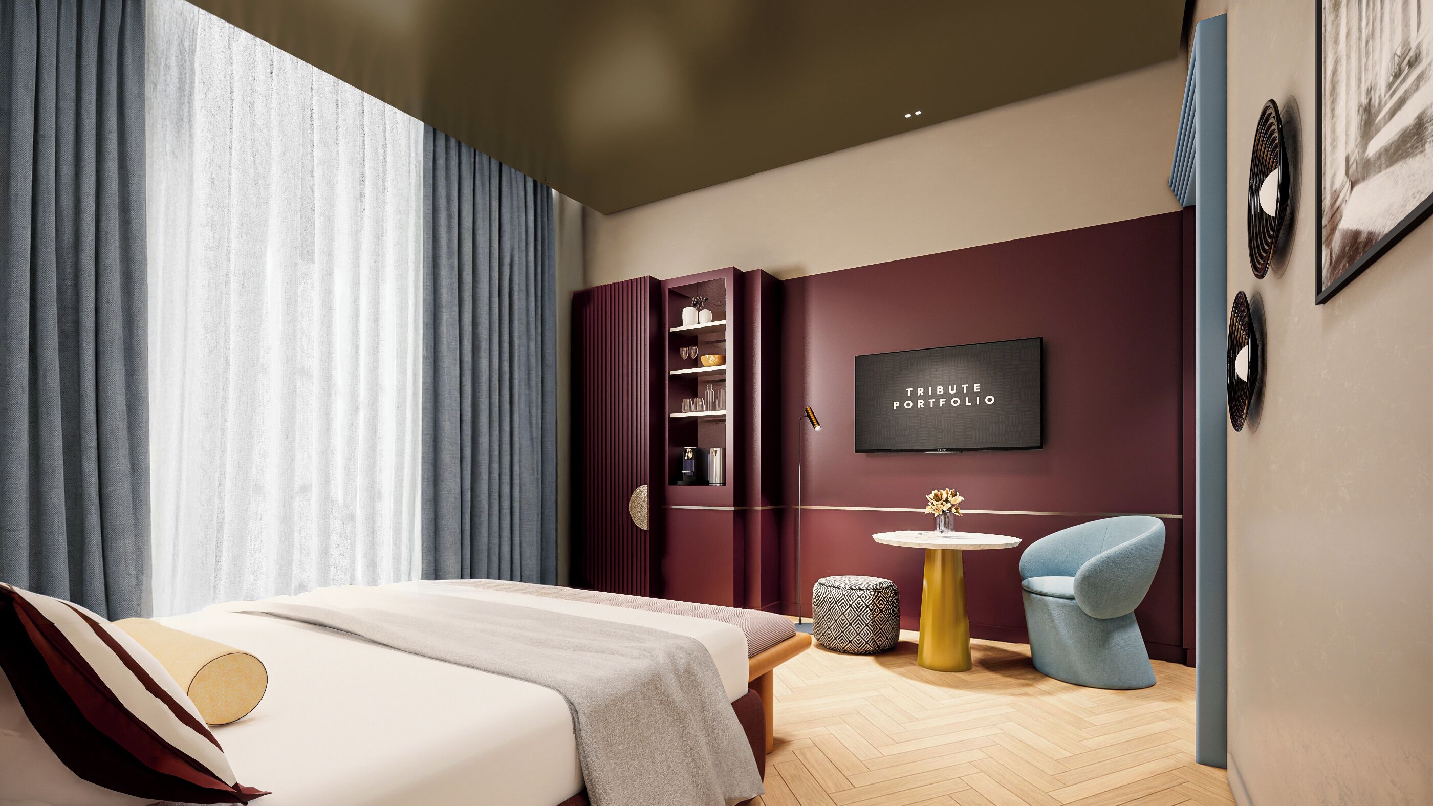 Seprai premium, selimut bulu angsa, busa memori, dan minibar