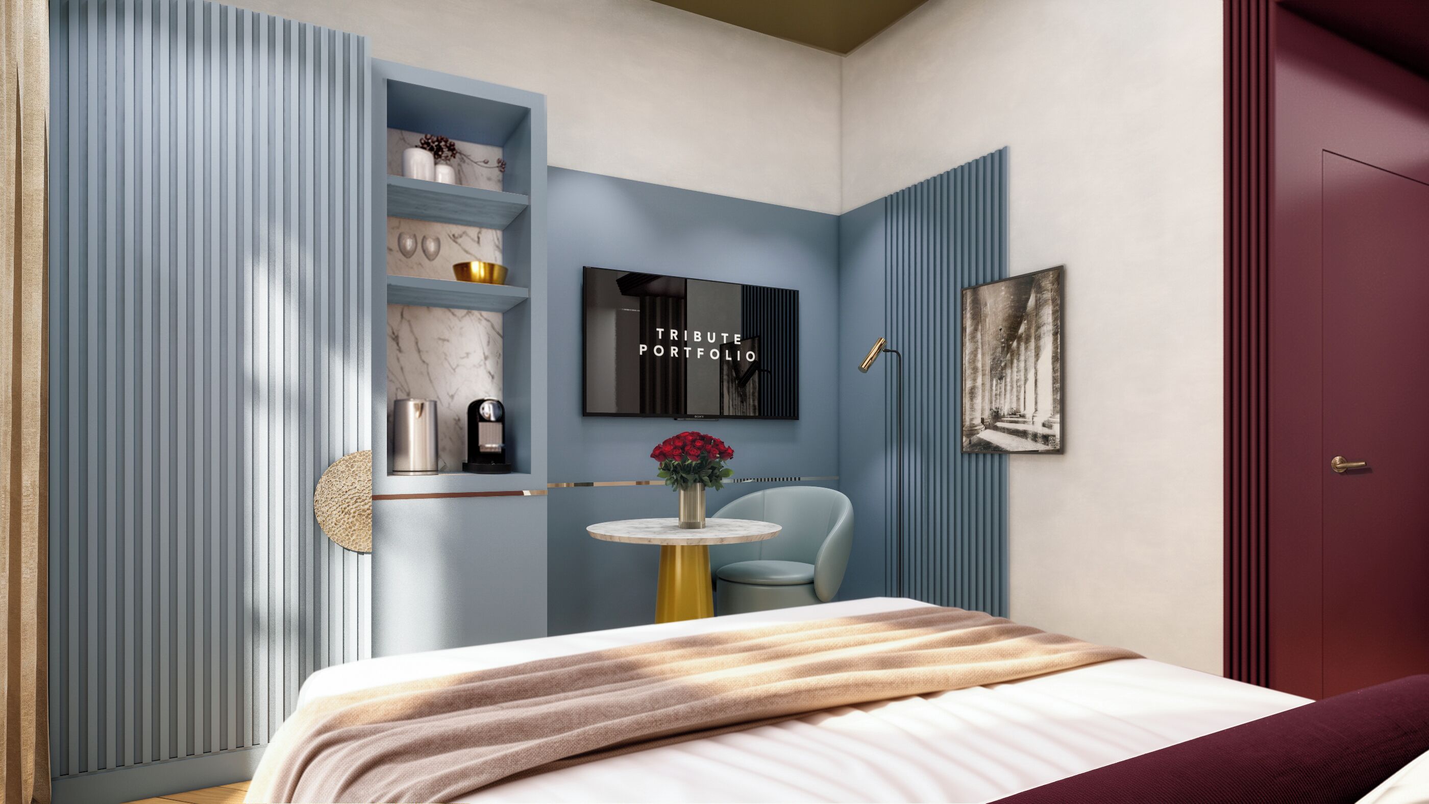 Kamar, 1 Tempat Tidur Queen, pemandangan kota | Seprai premium, selimut bulu angsa, busa memori, dan minibar