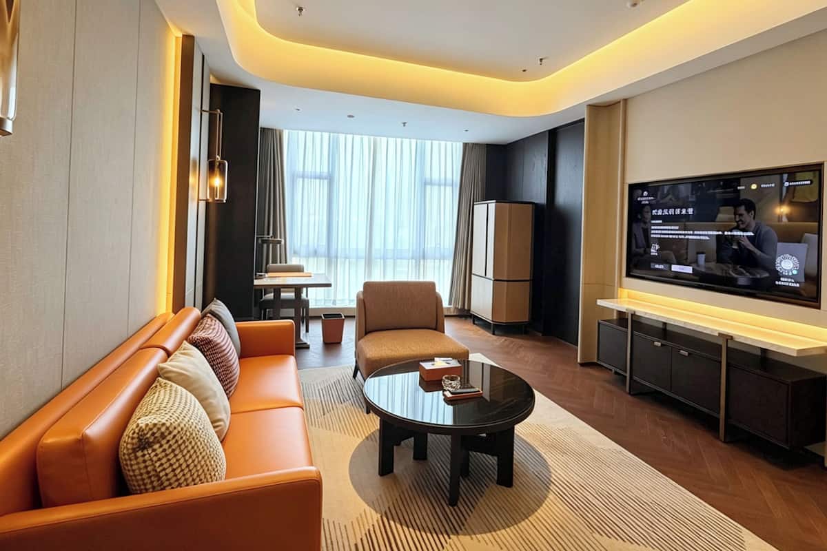 Una habitación de hotel moderna con sofá, mesa de centro, televisor y zona de comedor.
