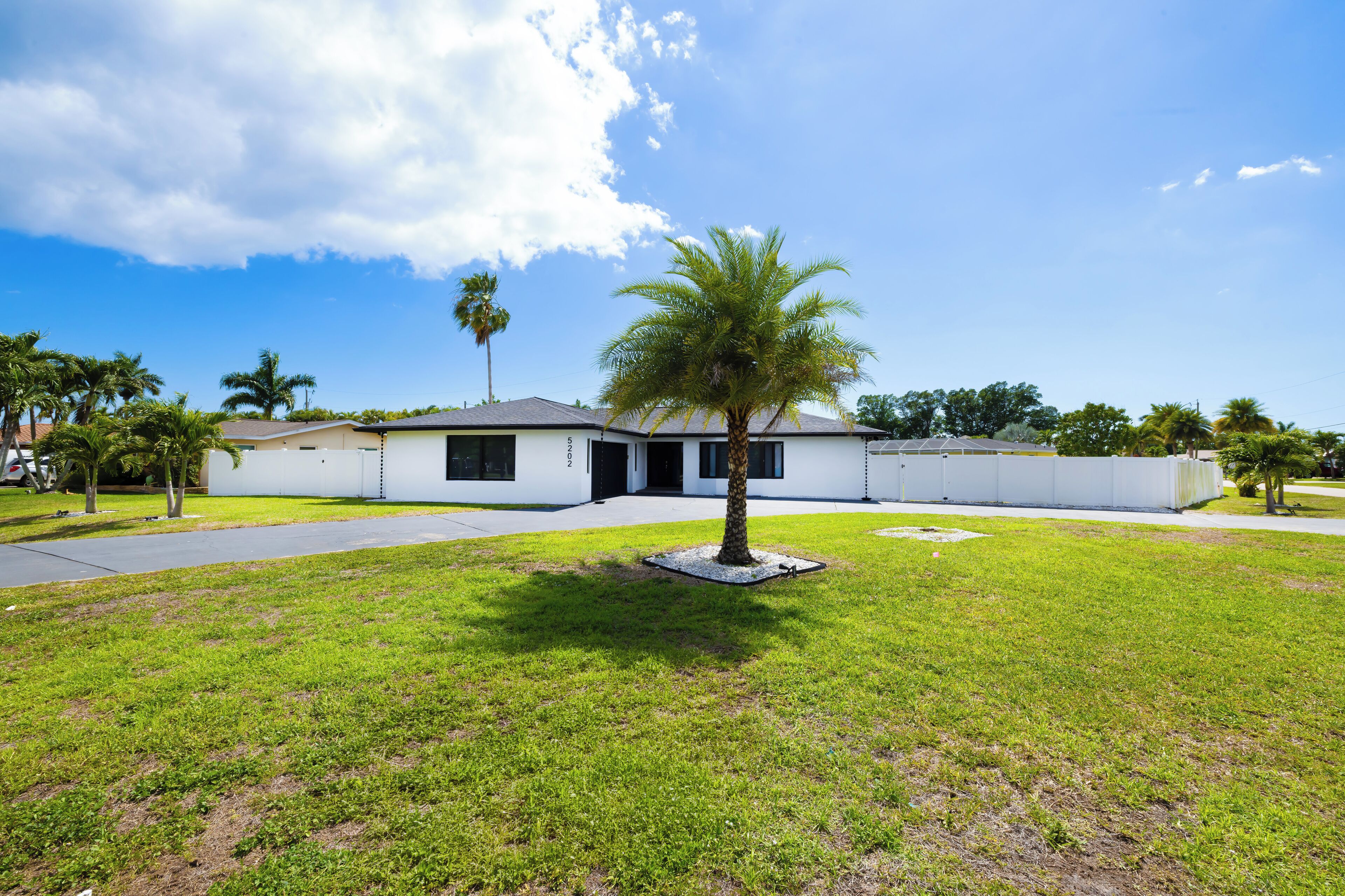 A modern single-story house with a well-maintained lawn and a palm tree in the front yard.
