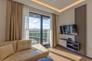 Habitación de hotel moderna con sofá, televisor de pantalla plana, puerta corrediza de vidrio a un balcón y piso de madera.