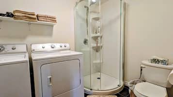 Hair dryer, bidet, towels, soap