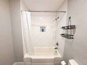 Hair dryer, towels, soap, toilet paper