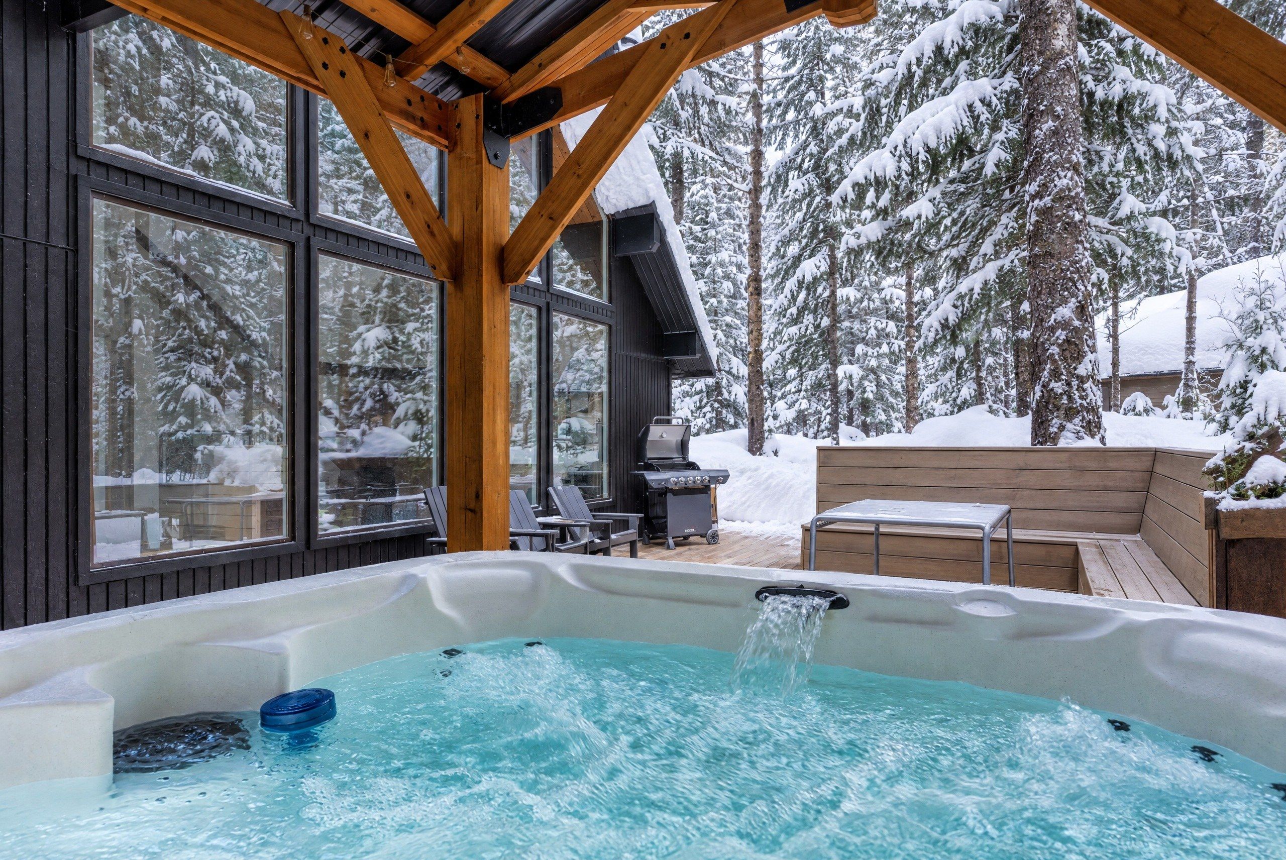 Covered hot tub beside the forest.