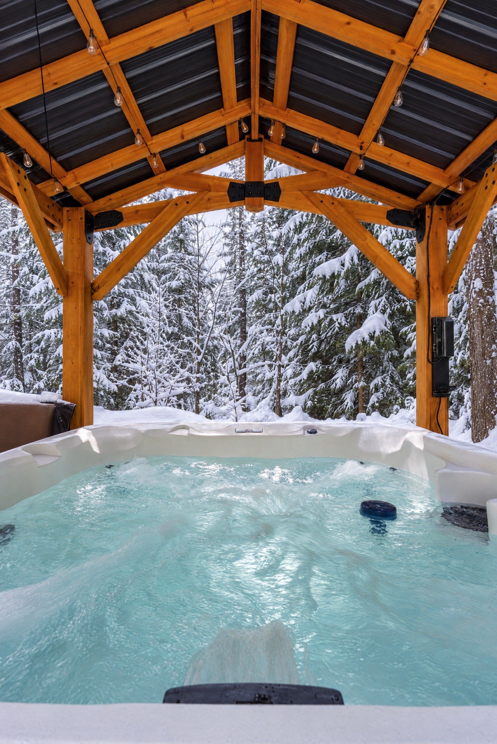 A hot tub under a wooden structure with a snowy forest background.