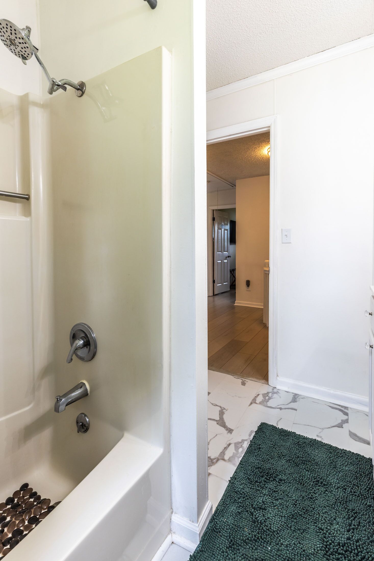 Une salle de bain avec une baignoire, une douche et un tapis vert.