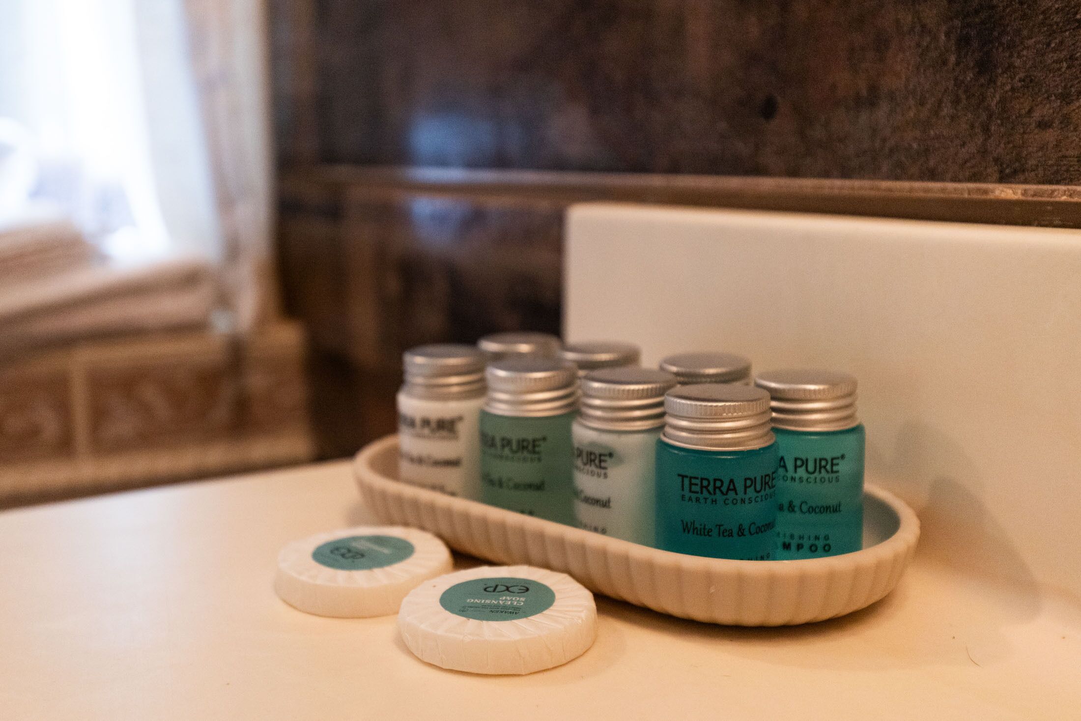 A tray with several bottles of Terra Pure products on a countertop.