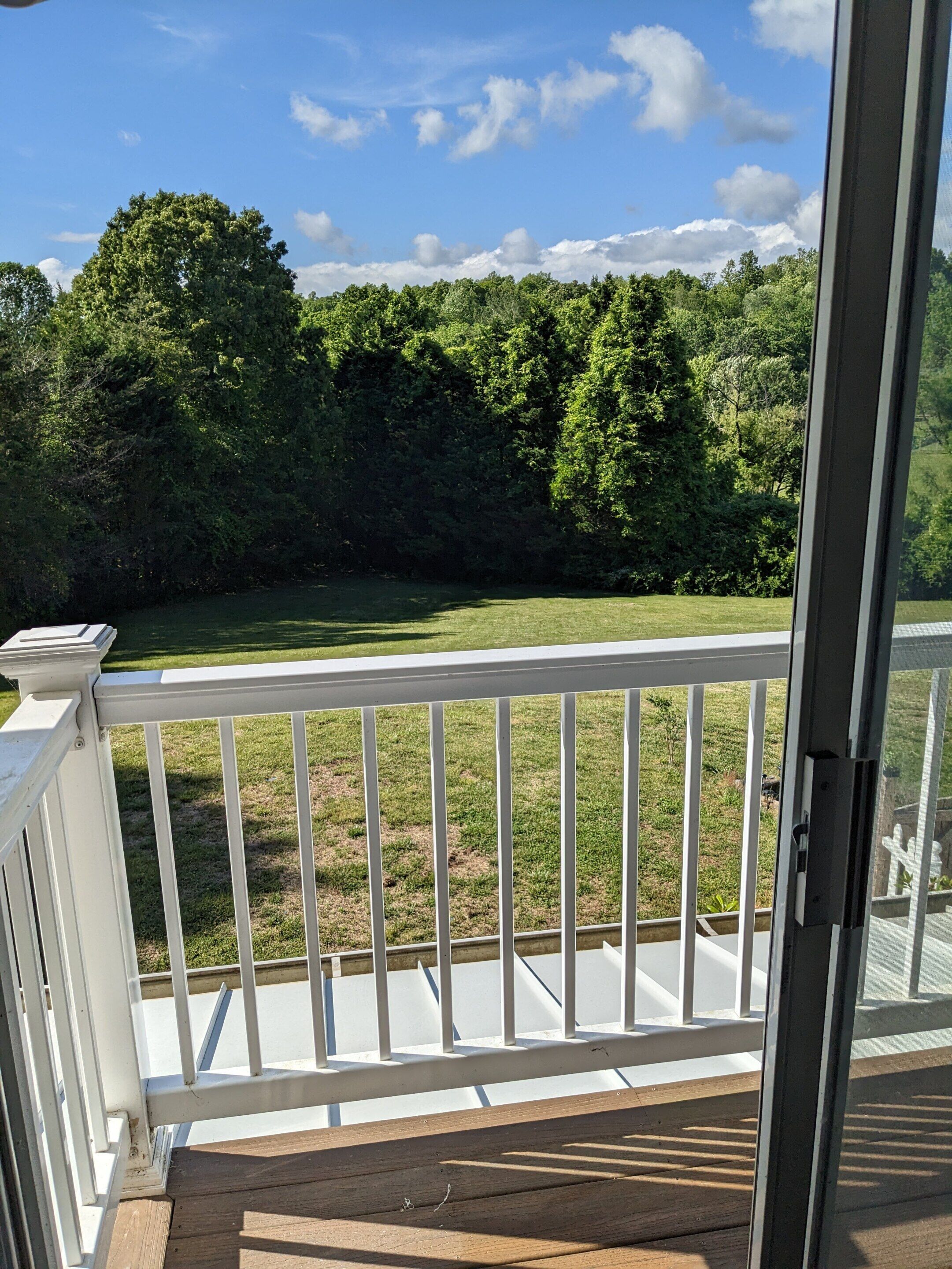 Une terrasse en bois avec une balustrade blanche, une porte vitrée et une vue sur une cour verdoyante bordée d’arbres.