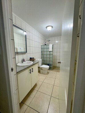 Dusche, Haartrockner, Handtücher, Seife
