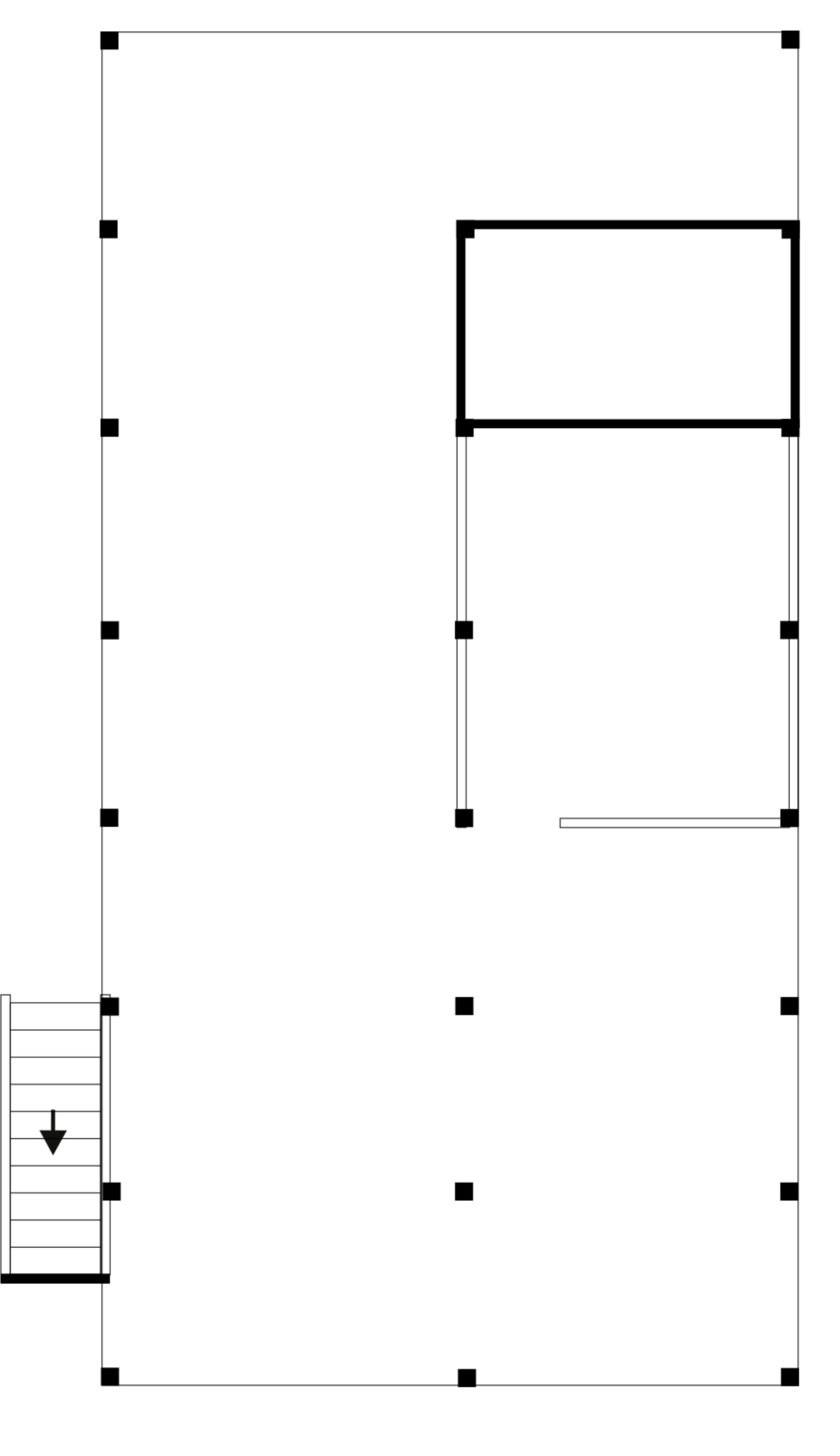A floor plan with a central rectangular room, a staircase, and a door.