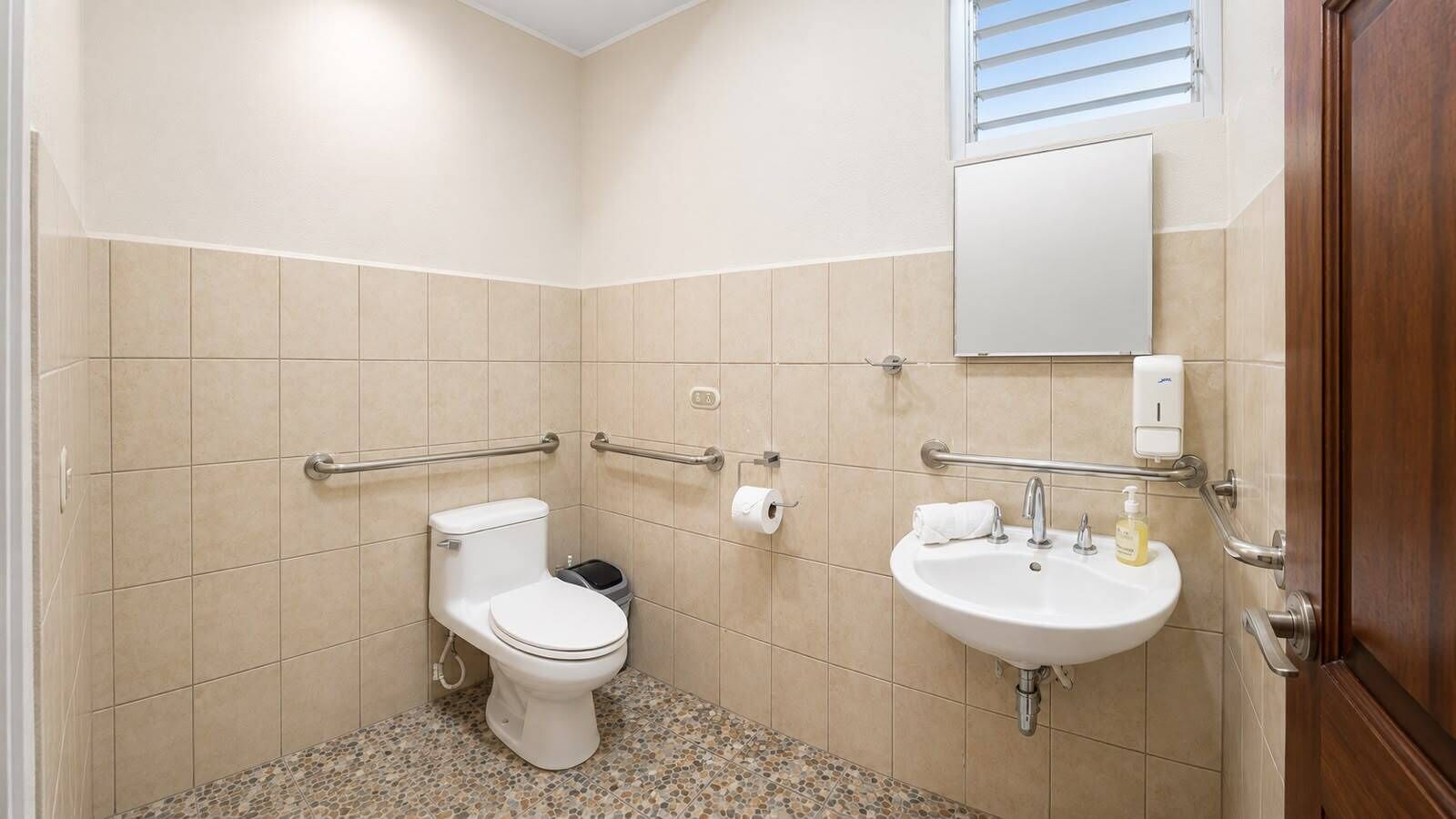 A small, modern bathroom with a toilet, sink, and handrails.